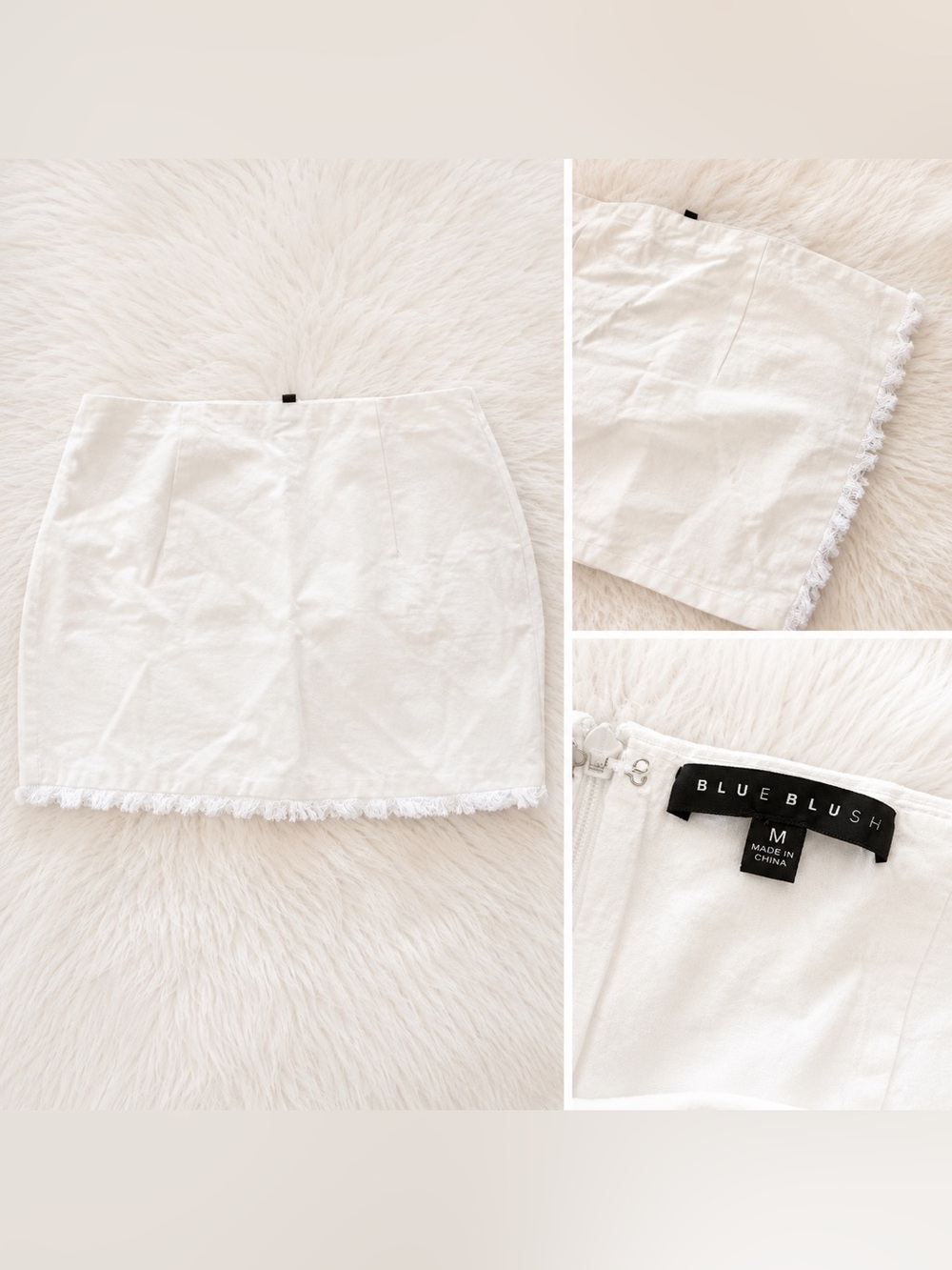 Blue Blush White Fringe Hem Mini Skirt